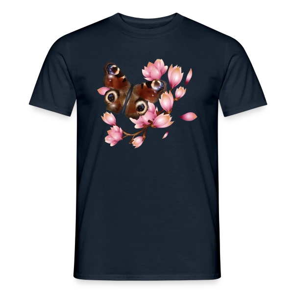 Maquette de T-shirt homme « Papillon Paon et Magnolia Rose : Élégance Naturelle » à personnaliser