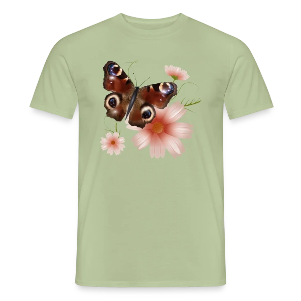 Maquette de T-shirt homme « Papillon Paon-du-Jour Éclatant de Roses » à personnaliser
