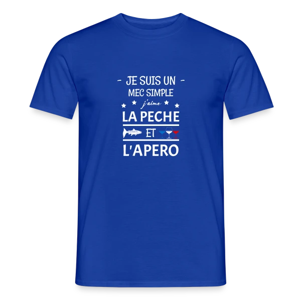 Maquette de T-shirt homme « Je Suis Un Mec Simple : Pêche et Apéro » à personnaliser