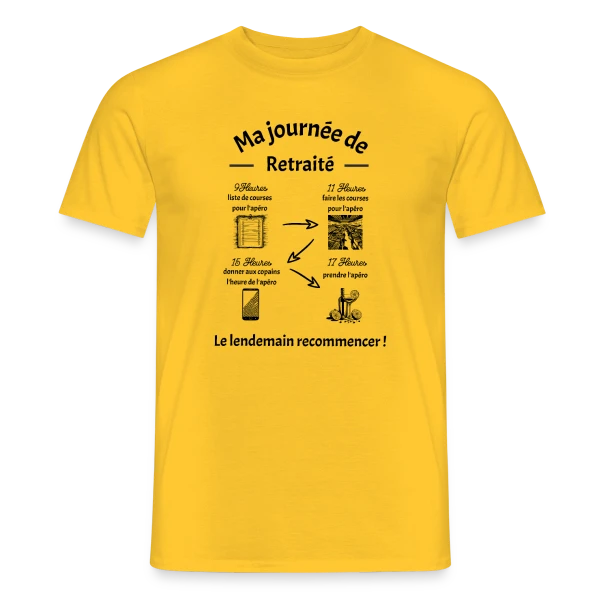 Maquette de T-shirt homme « Joyeuse Retraite - Nouvelle Vie, Plus de Loisirs » à personnaliser