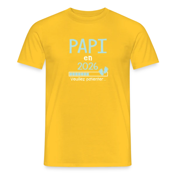 Maquette de T-shirt homme « Papi en 2026 : Veuillez Patienter - Humour » à personnaliser