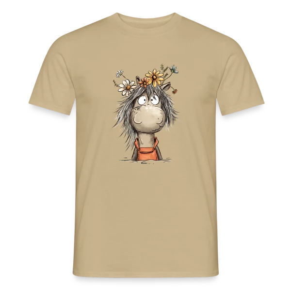Maquette de T-shirt homme « Cheval mignon en salopette et fleurs sauvages » à personnaliser