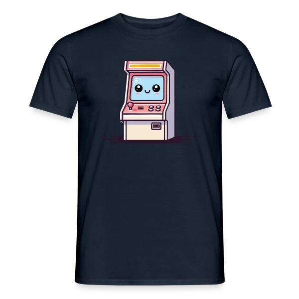 Maquette de T-shirt homme « Borne d'Arcade Kawaii : Sourire Rétro Gaming » à personnaliser