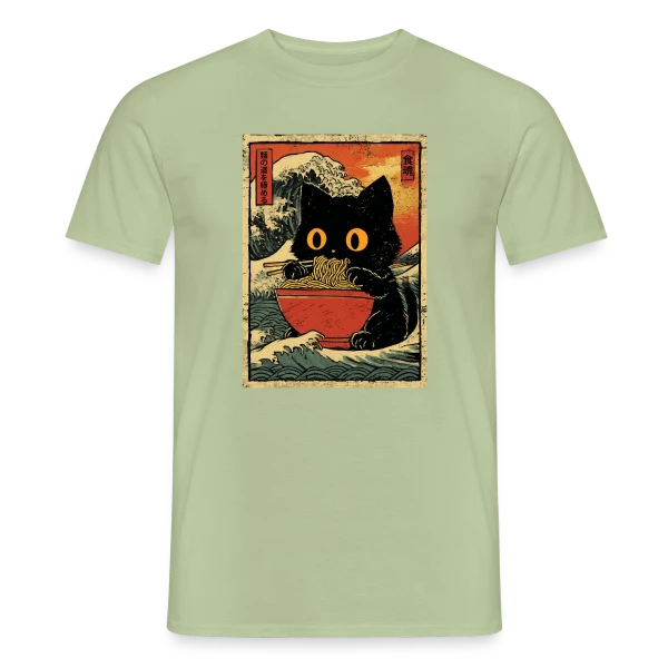 Maquette de T-shirt homme « Chat Ramen et Vague Japonaise : L'Art Kawaii » à personnaliser