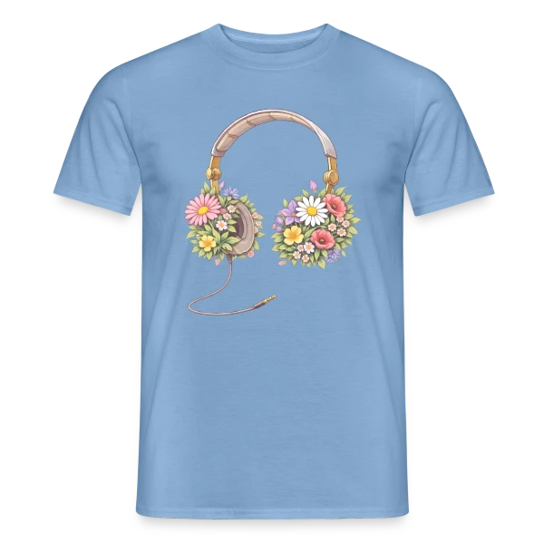 Maquette de T-shirt homme « Casque Audio Fleuri - Harmonie Musicale et Naturelle » à personnaliser
