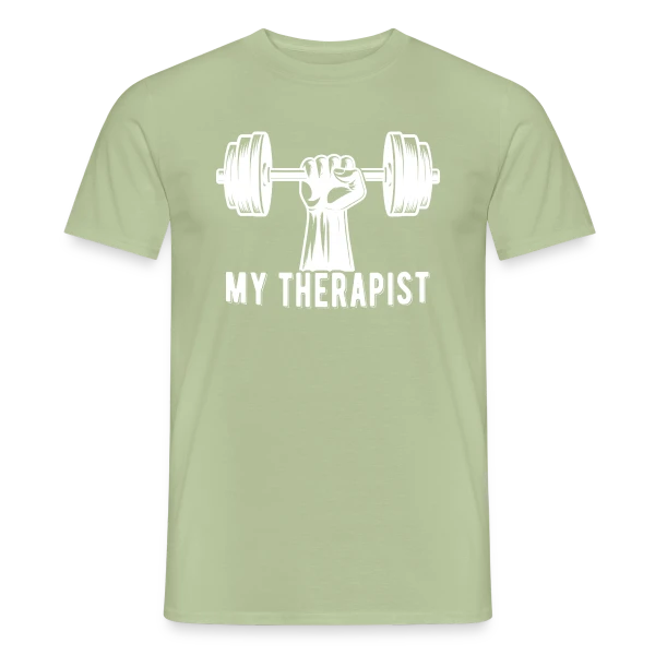 Maquette de T-shirt homme « Ma Thérapeute : La Barre (de Musculation) ! Humour Sportif » à personnaliser