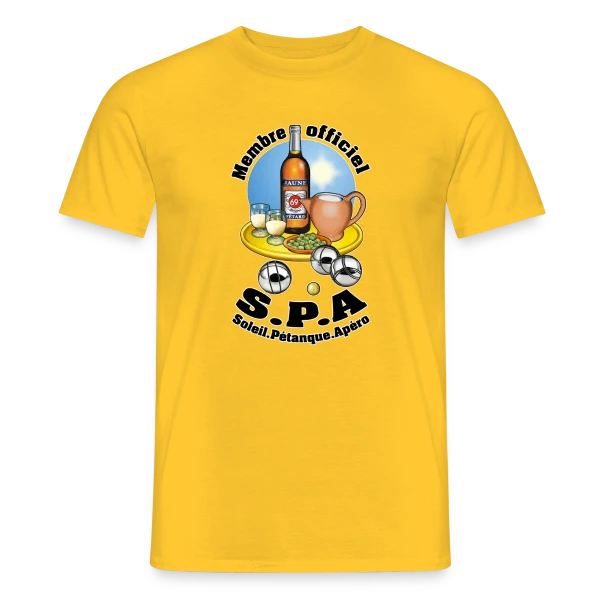 Maquette de T-shirt homme « Club S.P.A : Soleil, Pétanque, Apéro ! » à personnaliser
