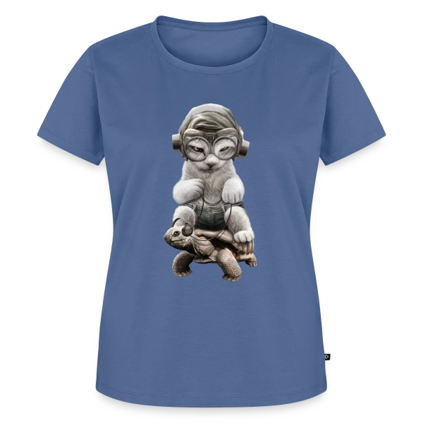 Maquette de T-shirt Premium bio Femme « Chat Cavalier sur Tortue de Guerre » à personnaliser