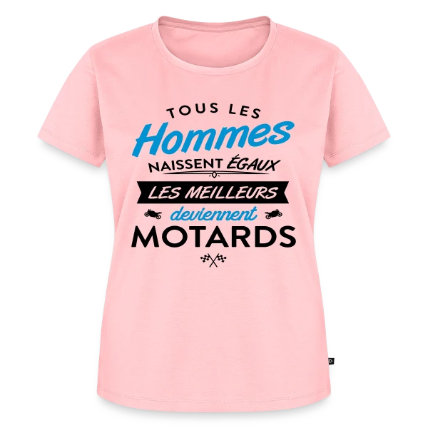 Maquette de T-shirt Premium bio Femme « Moto Humour : Naissent Égaux, Meilleurs Motards » à personnaliser