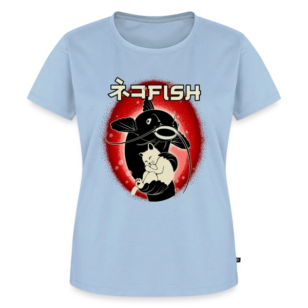 Maquette de T-shirt Premium bio Femme « Amitié Insolite : Chat & Poisson-Chat » à personnaliser