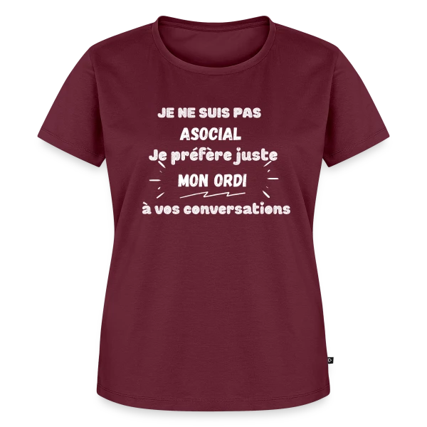 Maquette de T-shirt Premium bio Femme « Pas Asocial, Juste Fan de Mon Ordi : Humour Geek » à personnaliser