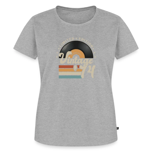 Maquette de T-shirt Premium bio Femme « Vinyle Vintage 1974 – Anniversaire 49 ans » à personnaliser