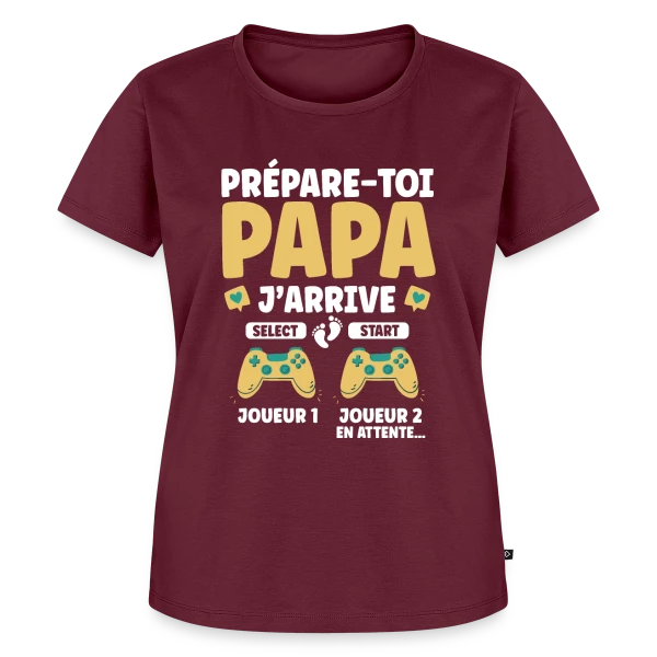 Maquette de T-shirt Premium bio Femme « Prépare-toi Papa J'arrive : T-shirt Annonce Grossesse Gamer » à personnaliser