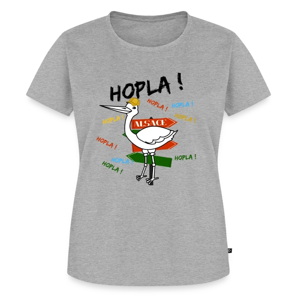 Maquette de T-shirt Premium bio Femme « Cigogne Hopla Alsace » à personnaliser