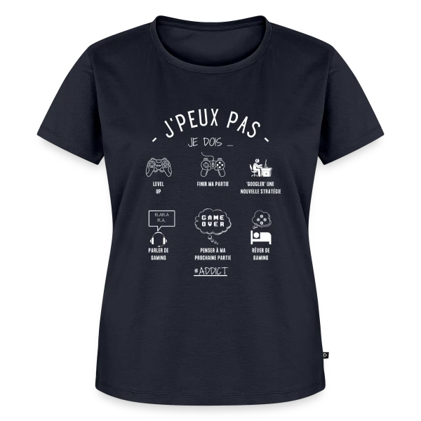 Maquette de T-shirt Premium bio Femme « Humour Geek: 'J'peux pas, j'dois gamer' » à personnaliser