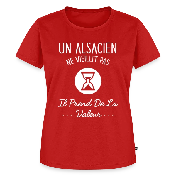 Maquette de T-shirt Premium bio Femme « Alsacien Humour - Ne Vieillit Pas, Prend de la Valeur » à personnaliser