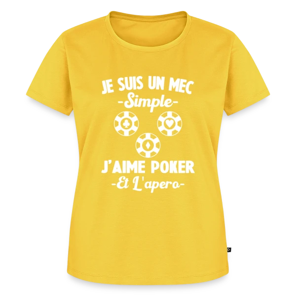 Maquette de T-shirt Premium bio Femme « Je Suis Un Mec Simple J'aime Poker Et L'Apéro » à personnaliser