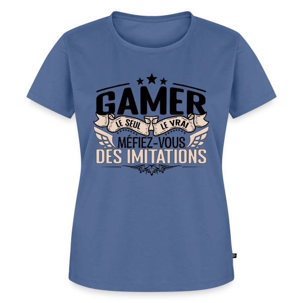 Maquette de T-shirt Premium bio Femme « 'Le Vrai Gamer' : Méfiez-vous des Imitations » à personnaliser