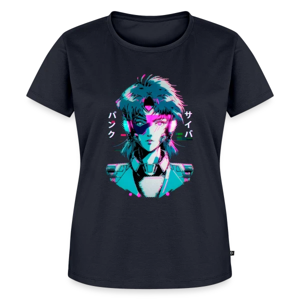 Maquette de T-shirt Premium bio Femme « Cyberpunk Anime Girl : Esthétique Glitch Années 80 » à personnaliser