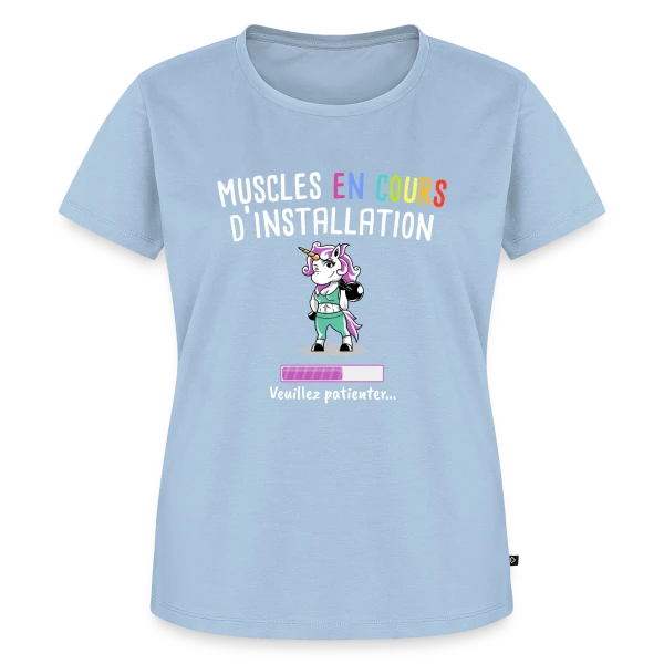 Maquette de T-shirt Premium bio Femme « Muscles en Cours : Licorne Fitness Humour - Cadeau Sportif » à personnaliser