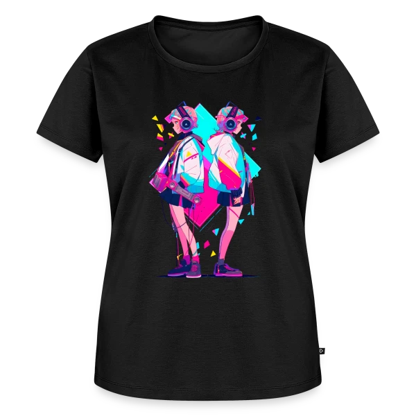 Maquette de T-shirt Premium bio Femme « Jumelles Anime Rétro Neon 80s/90s Musique » à personnaliser