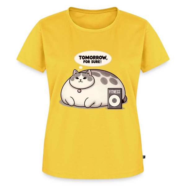 Maquette de T-shirt Premium bio Femme « Le Chat Paresseux du Fitness : Demain, c'est sûr ! » à personnaliser