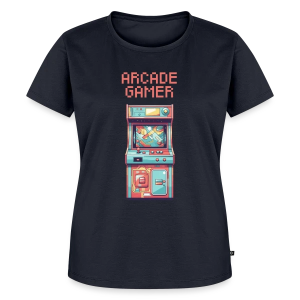 Maquette de T-shirt Premium bio Femme « Arcade Gamer Rétro : Le Culte des Salles Obscures » à personnaliser