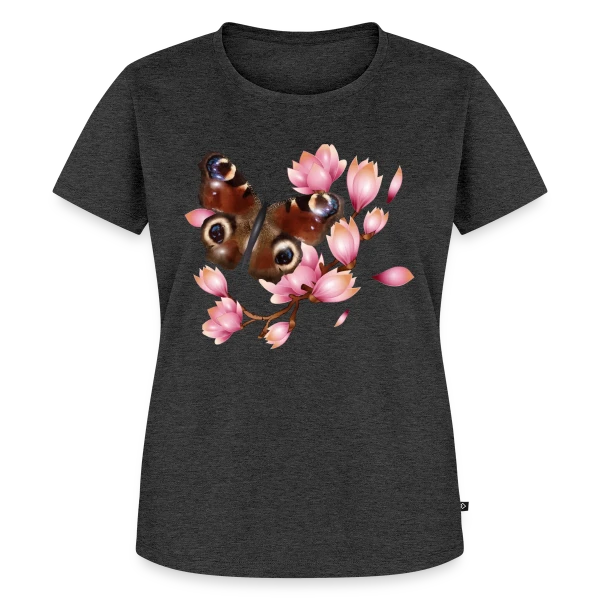 Maquette de T-shirt Premium bio Femme « Papillon Paon et Magnolia Rose : Élégance Naturelle » à personnaliser