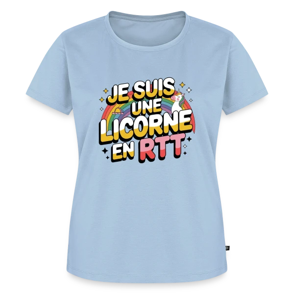 Maquette de T-shirt Premium bio Femme « Licorne en RTT Arc-en-ciel » à personnaliser