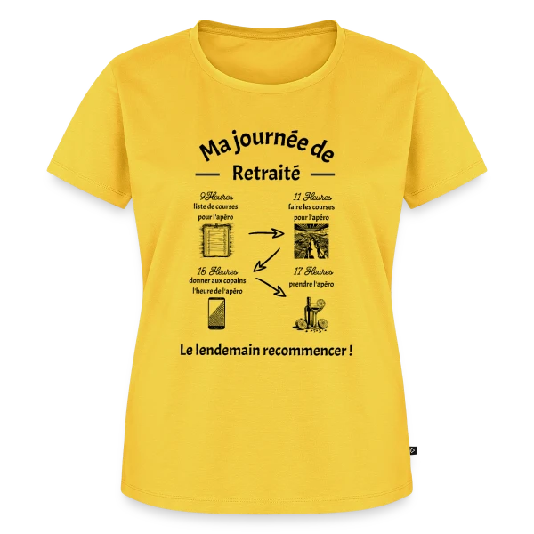 Maquette de T-shirt Premium bio Femme « Joyeuse Retraite - Nouvelle Vie, Plus de Loisirs » à personnaliser