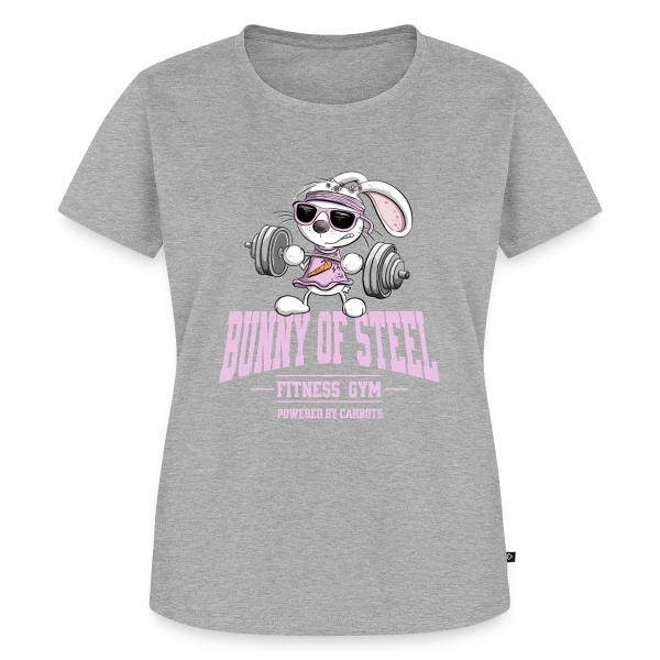 Maquette de T-shirt Premium bio Femme « Lapin Fitness - Entraînement 'Powered by Carrots' » à personnaliser