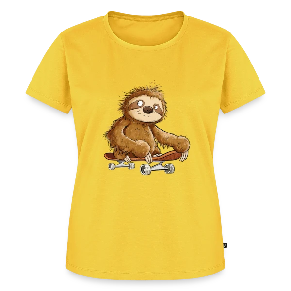 Maquette de T-shirt Premium bio Femme « Paresseux Skateboarder Cartoon - Relax et Style » à personnaliser