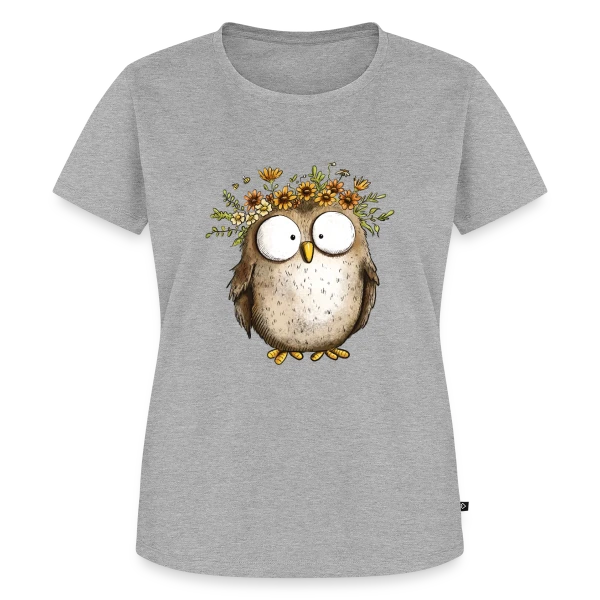 Maquette de T-shirt Premium bio Femme « Hibou avec Couronne de Fleurs Sauvages - Style Cottagecore » à personnaliser