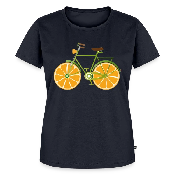 Maquette de T-shirt Premium bio Femme « Vélo Fruitix : L'Original Fun aux Roues Oranges » à personnaliser