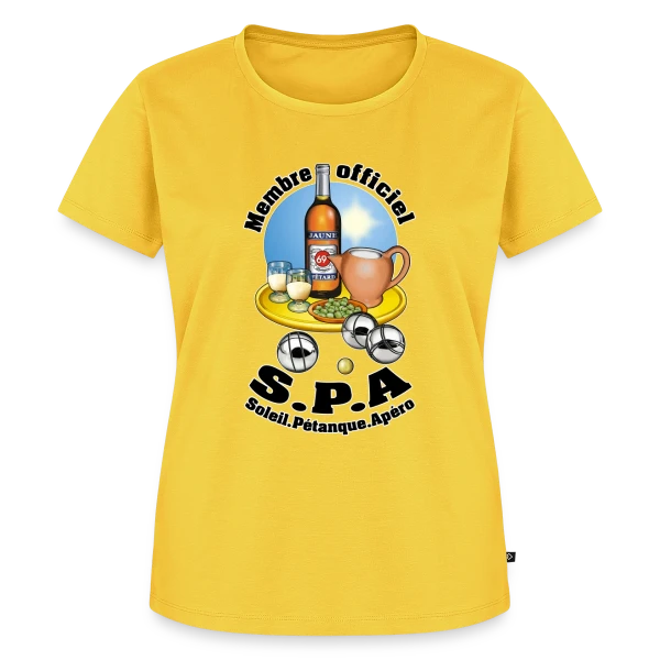 Maquette de T-shirt Premium bio Femme « Club S.P.A : Soleil, Pétanque, Apéro ! » à personnaliser