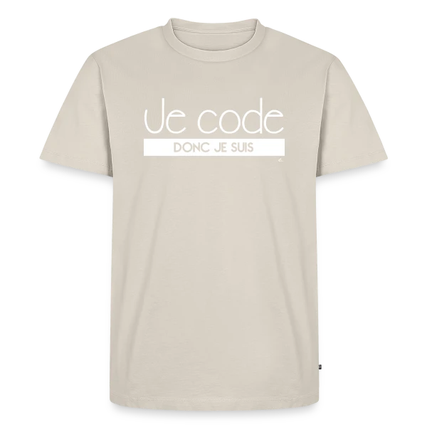 Maquette de T-shirt Premium bio Homme « "Je Code Donc Je Suis" - Le Geek du Développement » à personnaliser