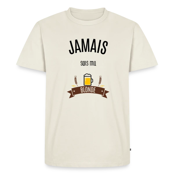 Maquette de T-shirt Premium bio Homme « Jamais Sans Ma Blonde : Déclaration Humoristique » à personnaliser