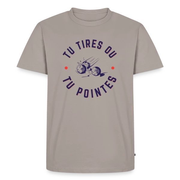 Maquette de T-shirt Premium bio Homme « Pétanque: Tu Tires ou Tu Pointes? » à personnaliser