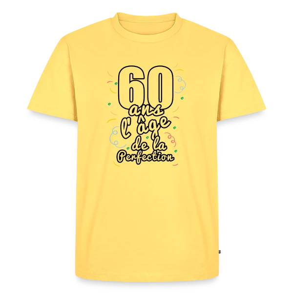 Maquette de T-shirt Premium bio Homme « Soixantaine Joyeuse » à personnaliser