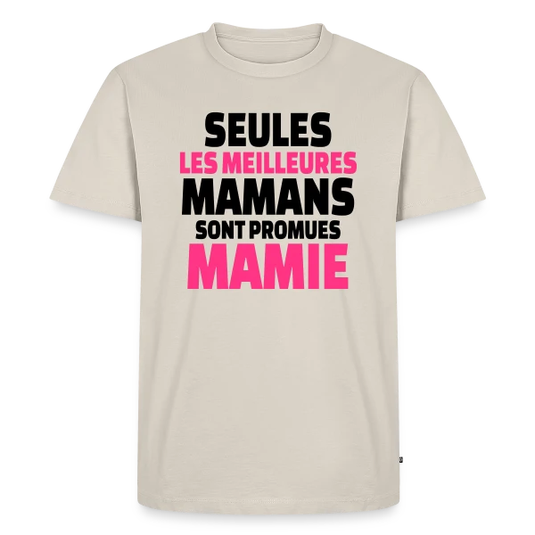 Maquette de T-shirt Premium bio Homme « Maman Promue Mamie » à personnaliser