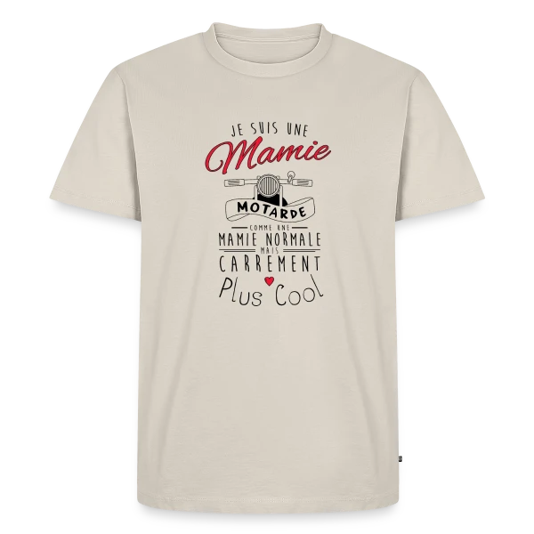 Maquette de T-shirt Premium bio Homme « Mamie Motarde Super Cool » à personnaliser