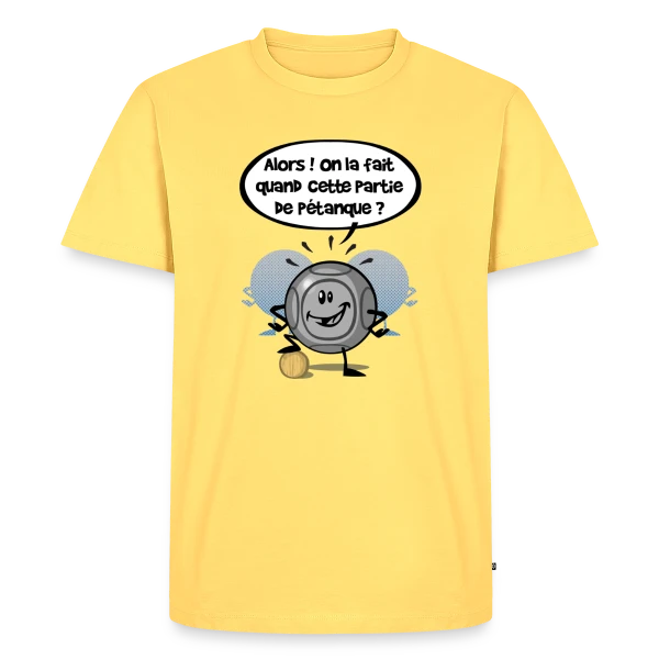 Maquette de T-shirt Premium bio Homme « Pétanque ?! : La Question Qui Tue (ou pas) » à personnaliser