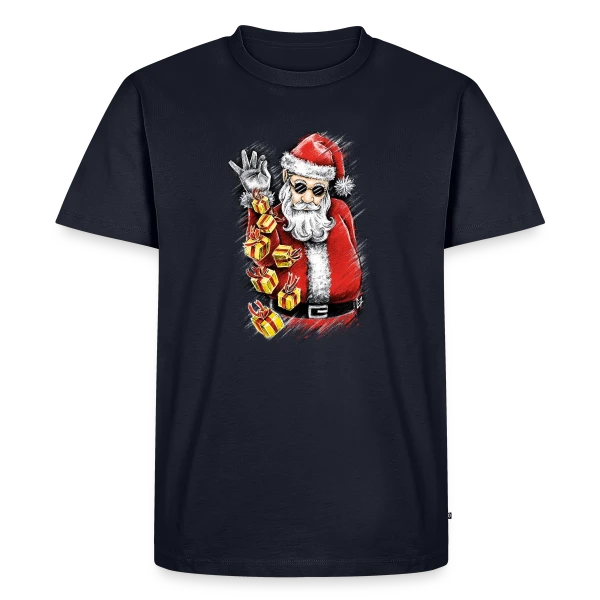Maquette de T-shirt Premium bio Homme « Père Noël Stylé et Généreux » à personnaliser