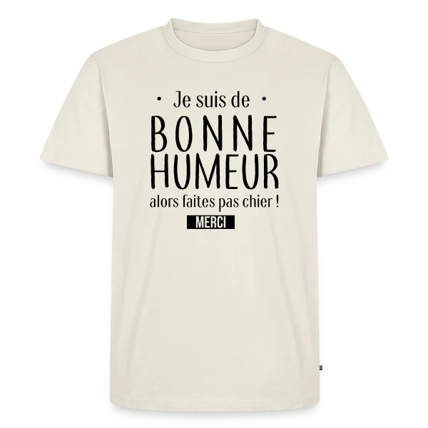 Maquette de T-shirt Premium bio Homme « Bonne Humeur : L'Afficher avec Style » à personnaliser
