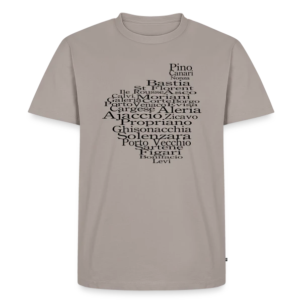 Maquette de T-shirt Premium bio Homme « Carte Corse Villes Typographie » à personnaliser