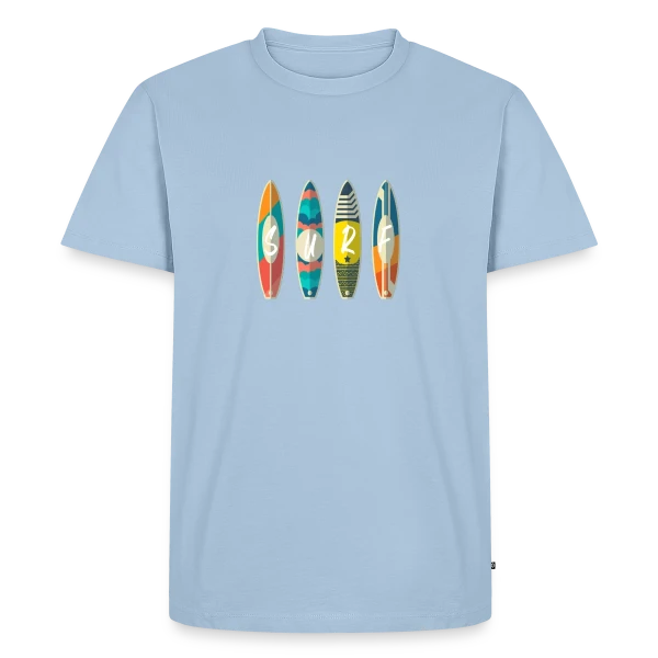 Maquette de T-shirt Premium bio Homme « Surf : Planche & Soleil | Idée Cadeau Jeunesse » à personnaliser