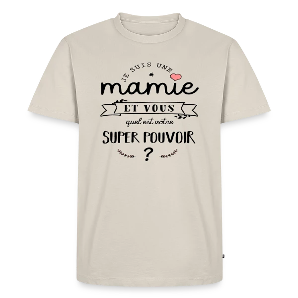 Maquette de T-shirt Premium bio Homme « Mamie : Mon Super Pouvoir » à personnaliser