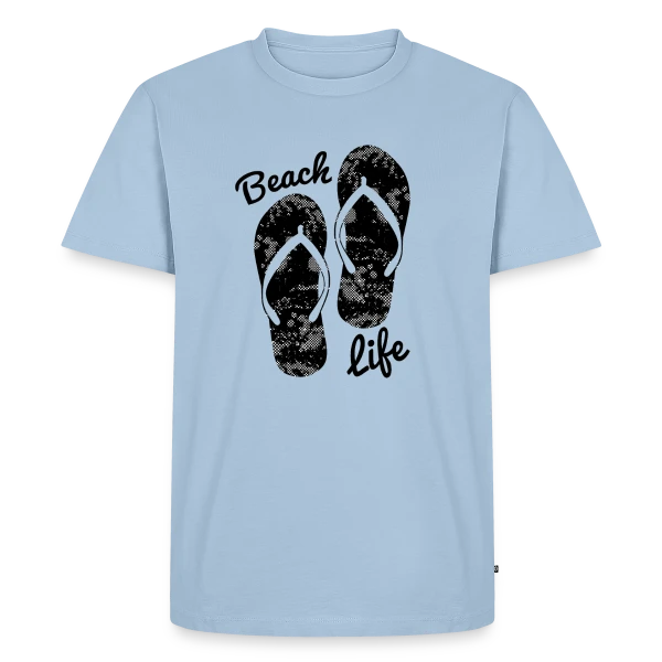 Maquette de T-shirt Premium bio Homme « Vie de Plage Tongs Détente » à personnaliser