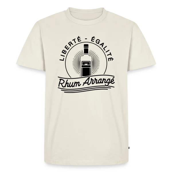 Maquette de T-shirt Premium bio Homme « Liberté, Égalité, Rhum Arrangé : Le T-Shirt Fun » à personnaliser