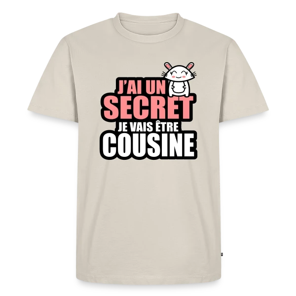 Maquette de T-shirt Premium bio Homme « J'ai un Secret : Je Deviens Cousine ! Annonce Fun » à personnaliser
